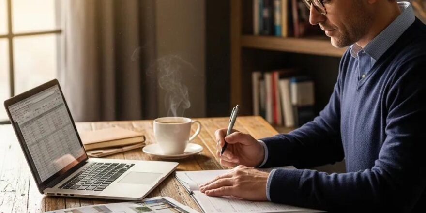 Real estate investor reviewing documents in a cozy home office