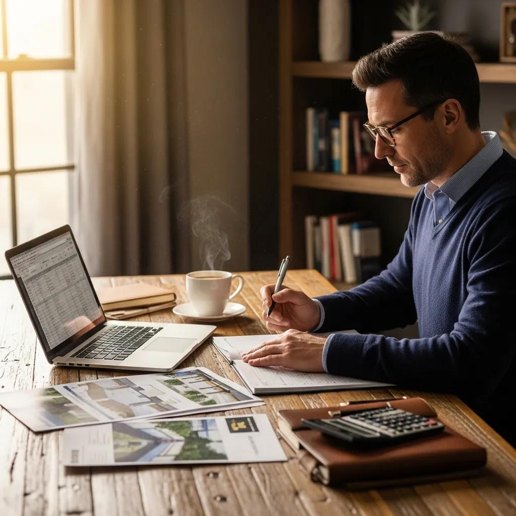 Real estate investor reviewing documents in a cozy home office