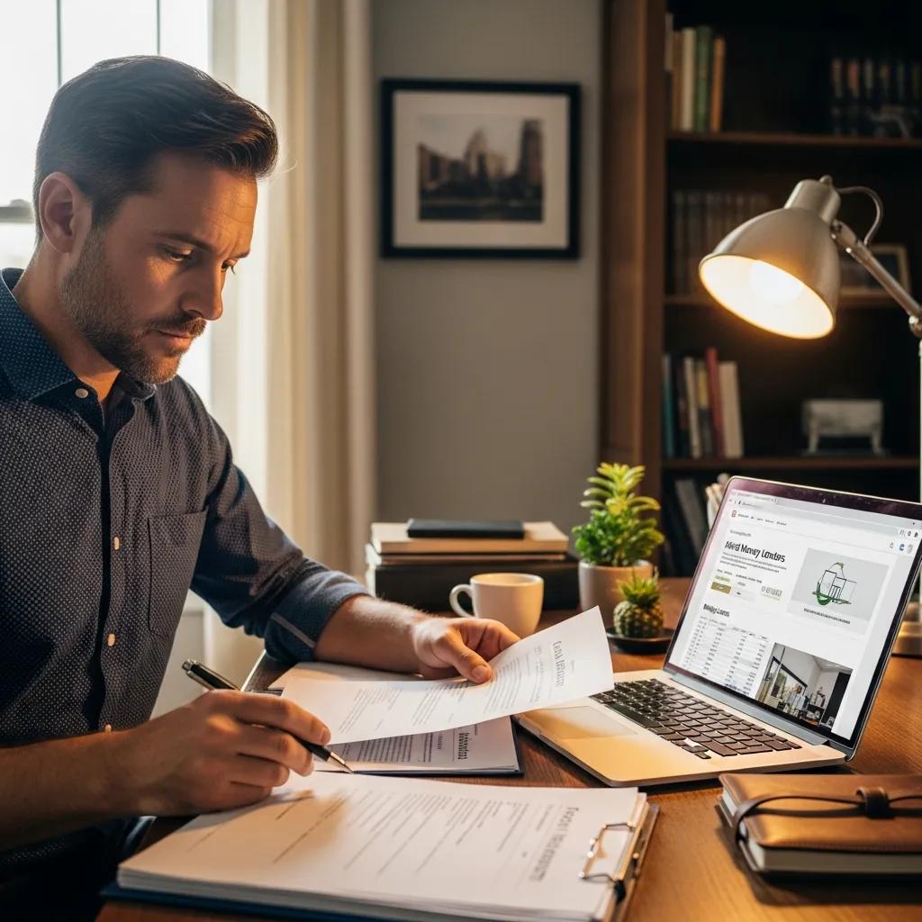 Investor reviewing loan documents in a home office to illustrate hard money financing