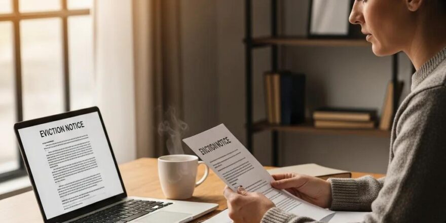 Real estate investor reviewing eviction documents in a cozy office setting