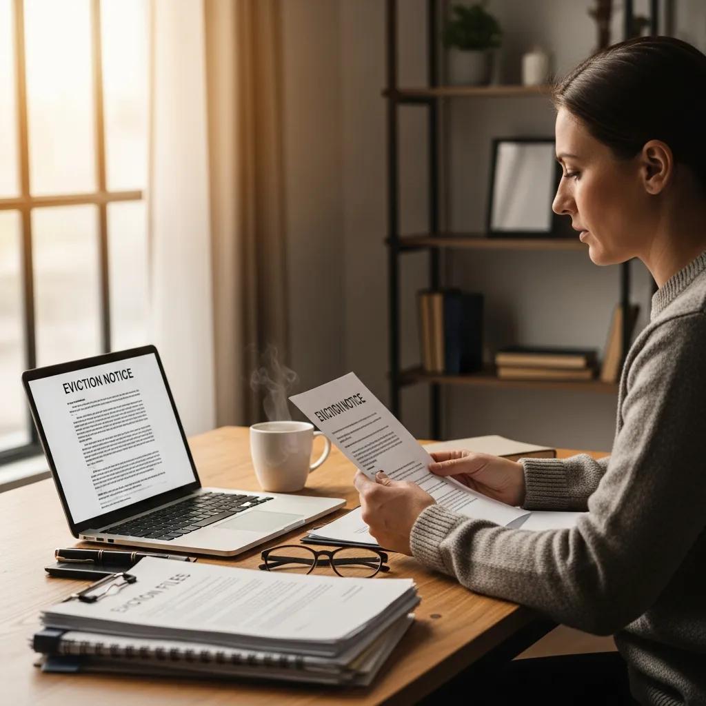 Real estate investor reviewing eviction documents in a cozy office setting