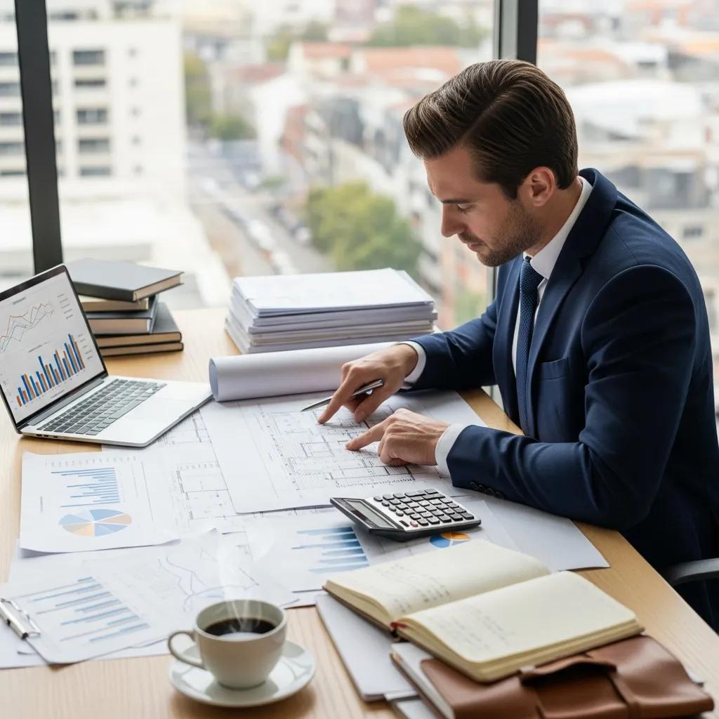 Investor at a desk reviewing loan documents and a renovation plan