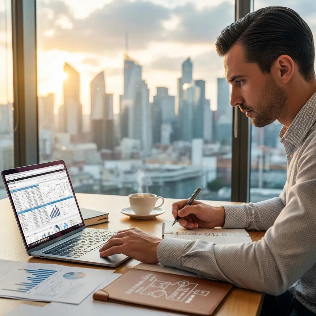 Investor reviewing financial projections and documents at a desk