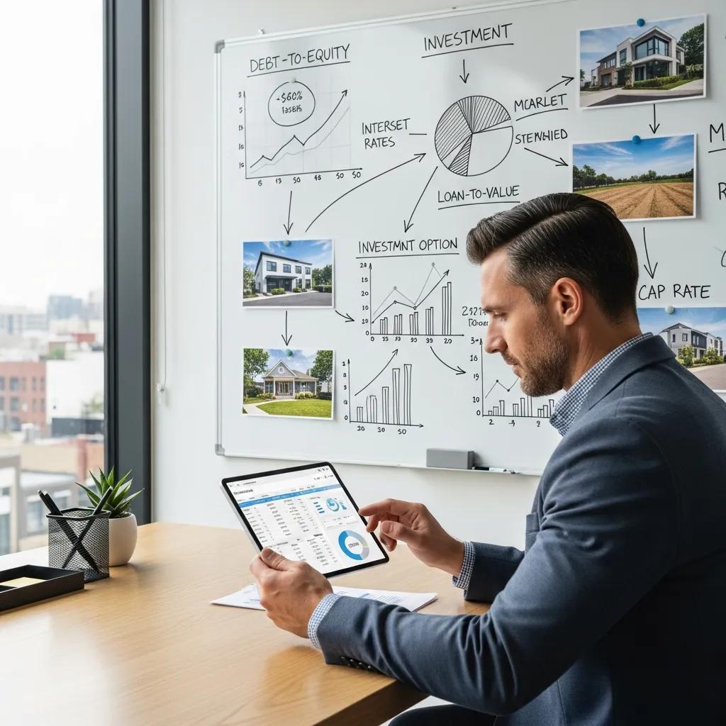 Investor reviewing financing options and loan documents in a modern office