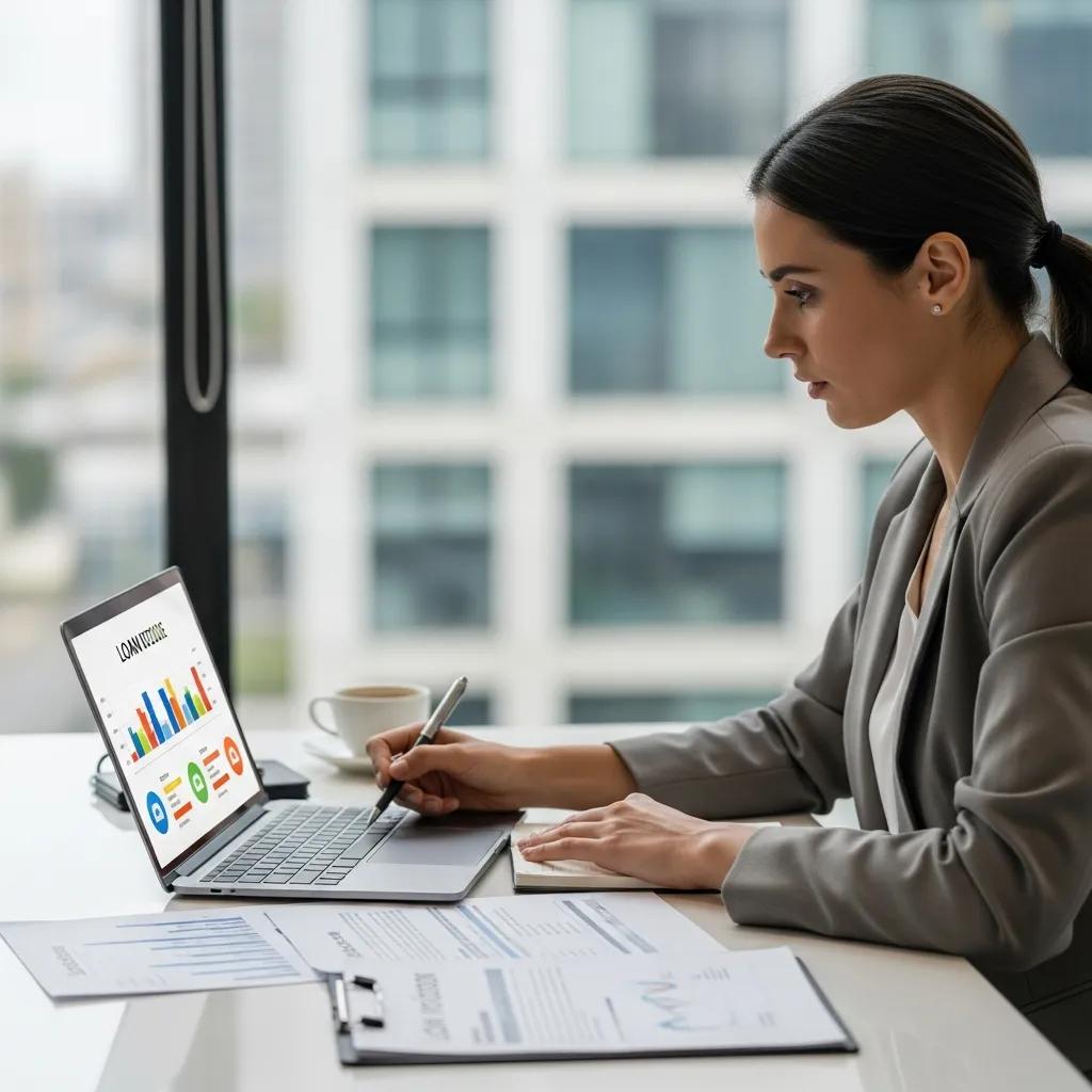 Investor comparing loan scenarios on a laptop in a bright office