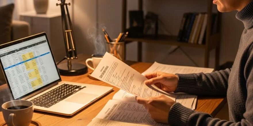 Real estate investor reviewing hard money loan documents in a cozy home office