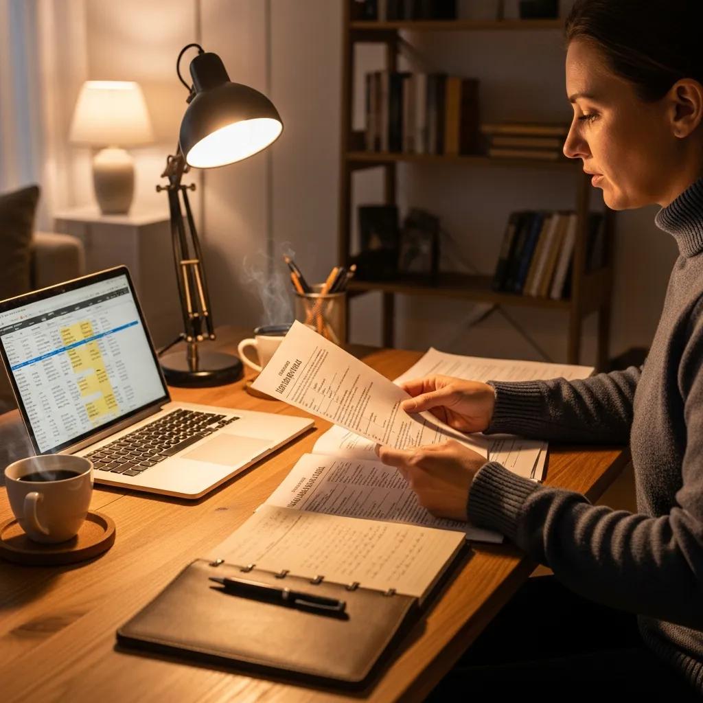 Real estate investor reviewing hard money loan documents in a cozy home office