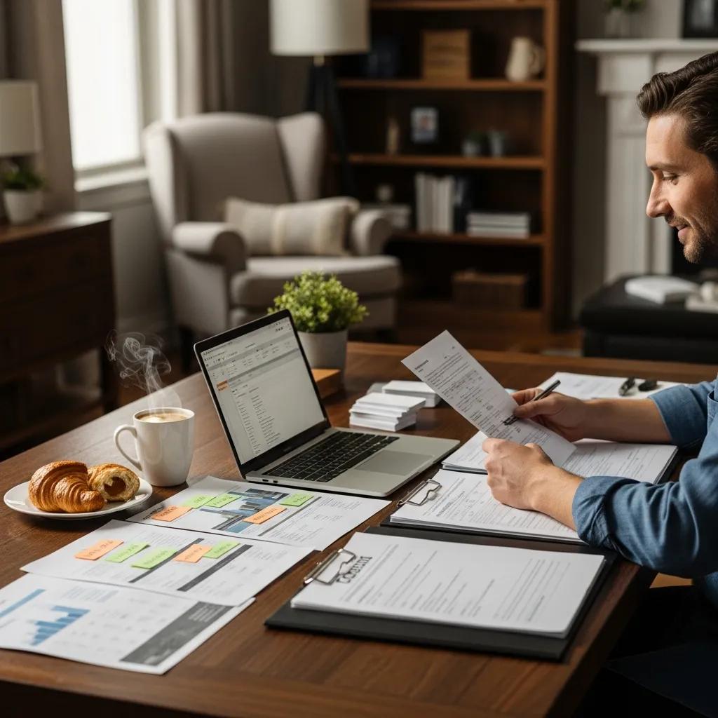 Real estate investor reviewing hard money loan documents in a cozy home office