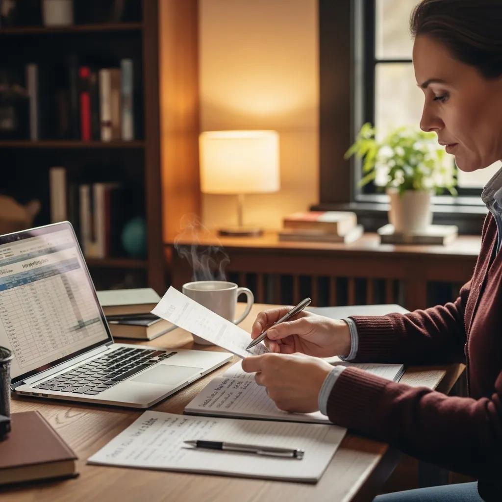 Real estate investor reviewing hard money loan documents in a cozy home office