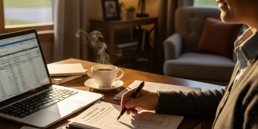 Real estate investor reviewing hard money loan documents in a cozy home office