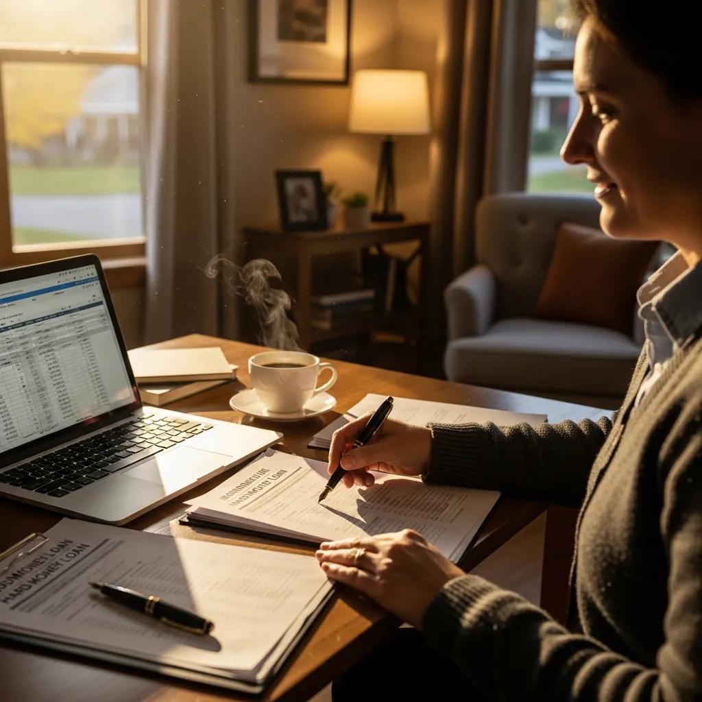Real estate investor reviewing hard money loan documents in a cozy home office