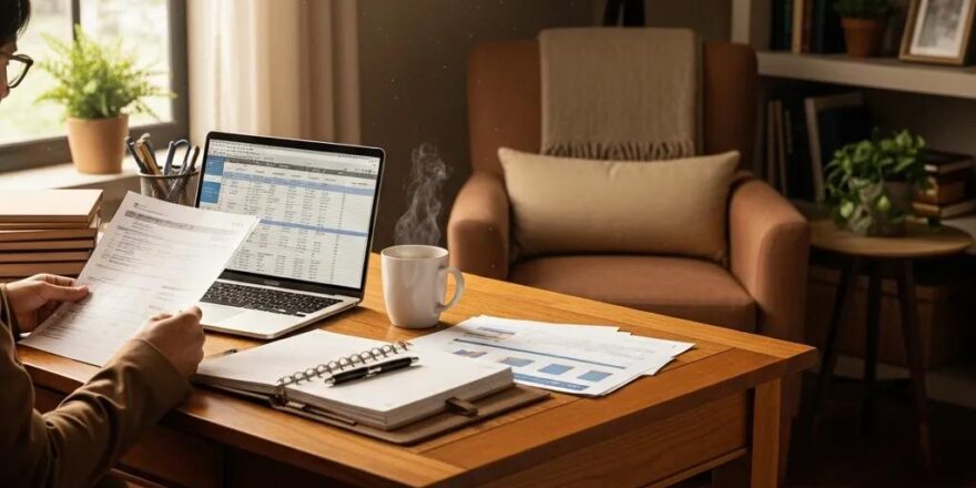 Real estate investor reviewing hard money loan documents in a cozy home office