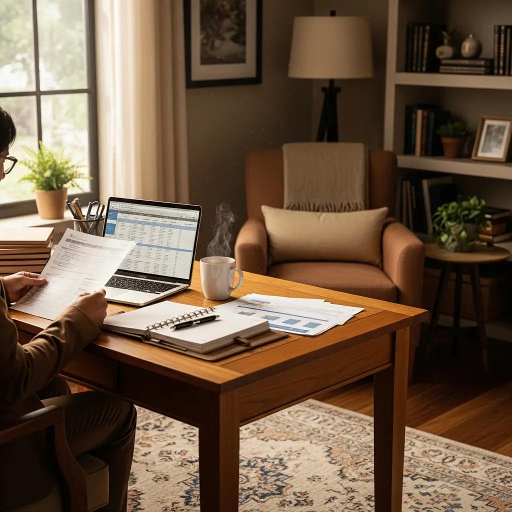 Real estate investor reviewing hard money loan documents in a cozy home office