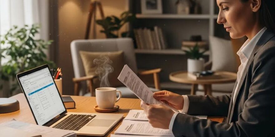 Real estate investor reviewing hard money loan documents in a cozy home office