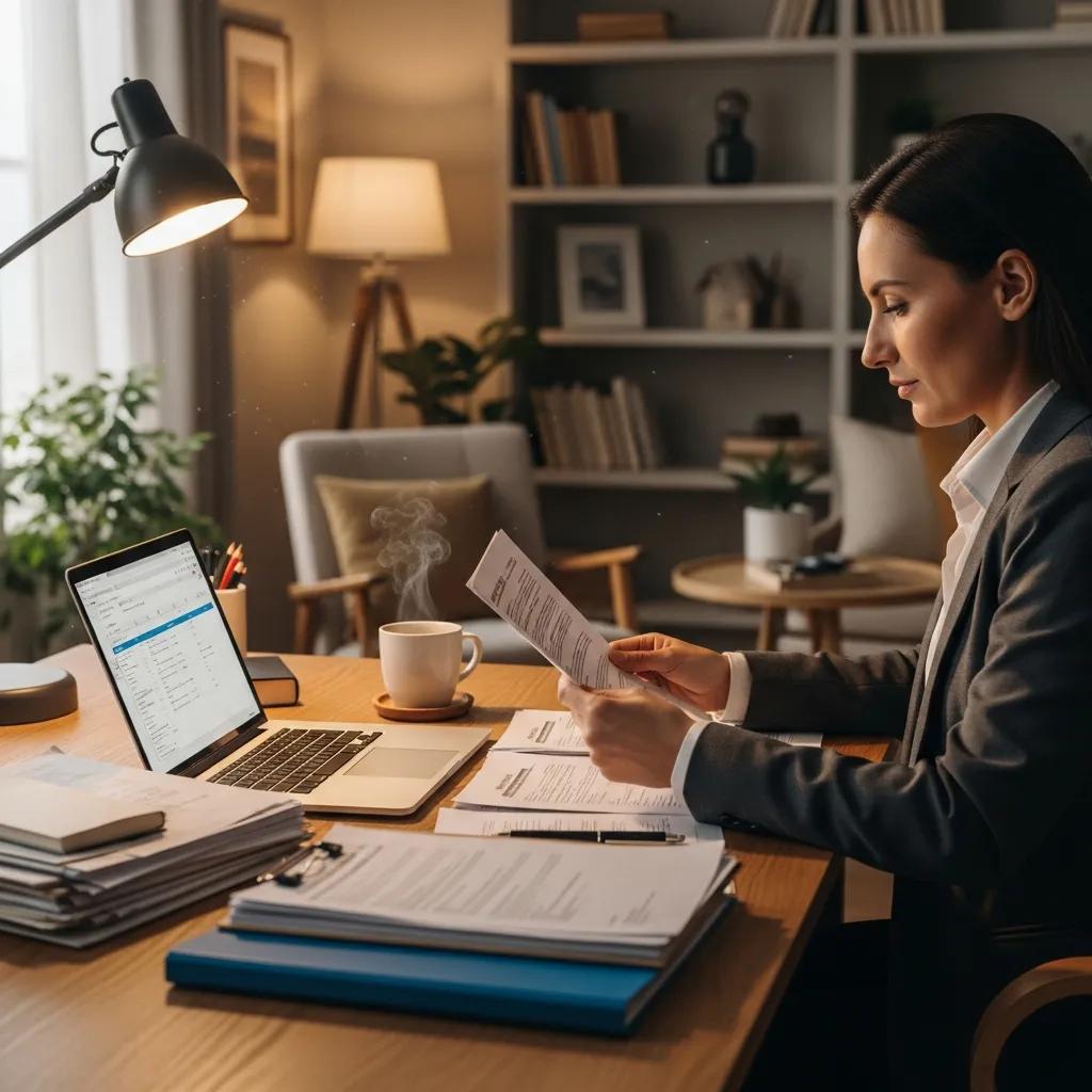 Real estate investor reviewing hard money loan documents in a cozy home office