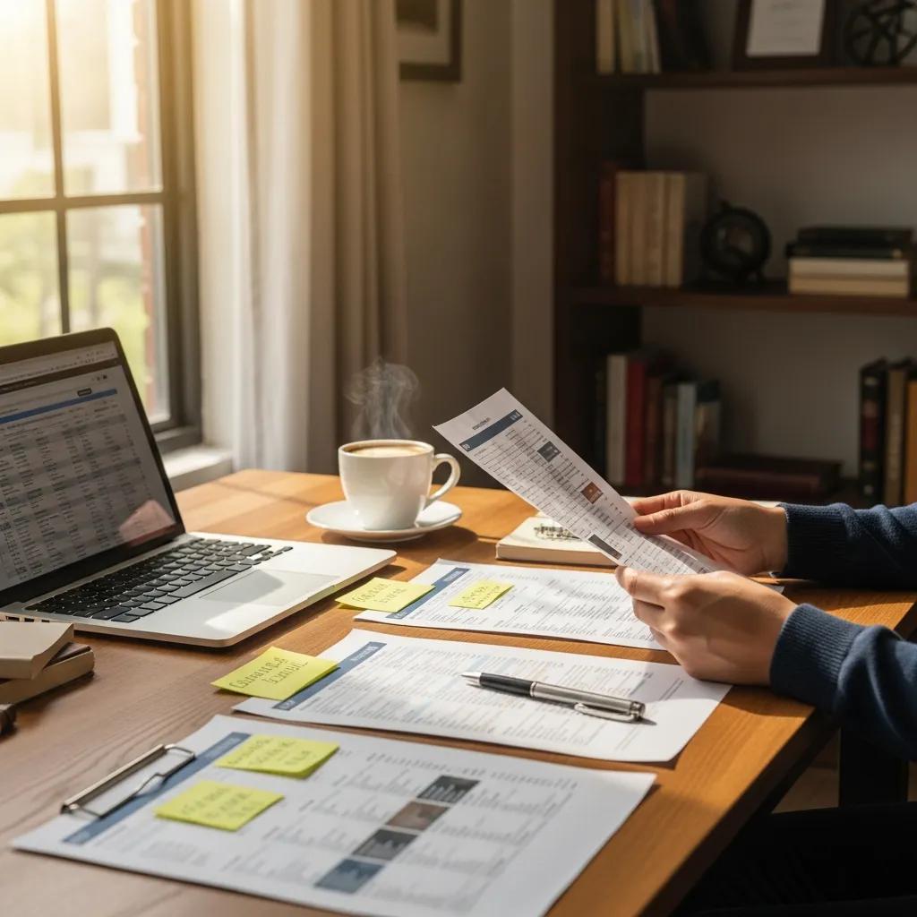 Real estate investor reviewing hard money loan documents in a cozy home office