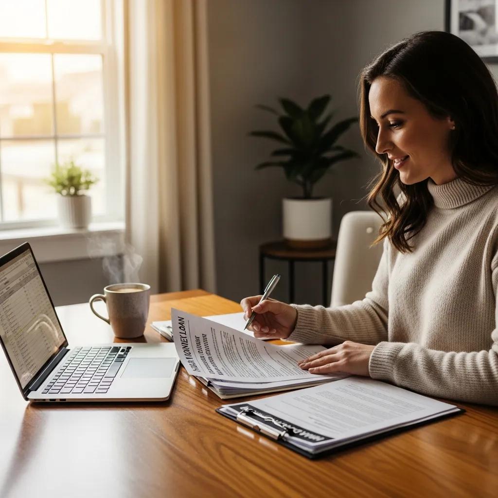 Real estate investor reviewing hard money loan documents in a cozy office setting