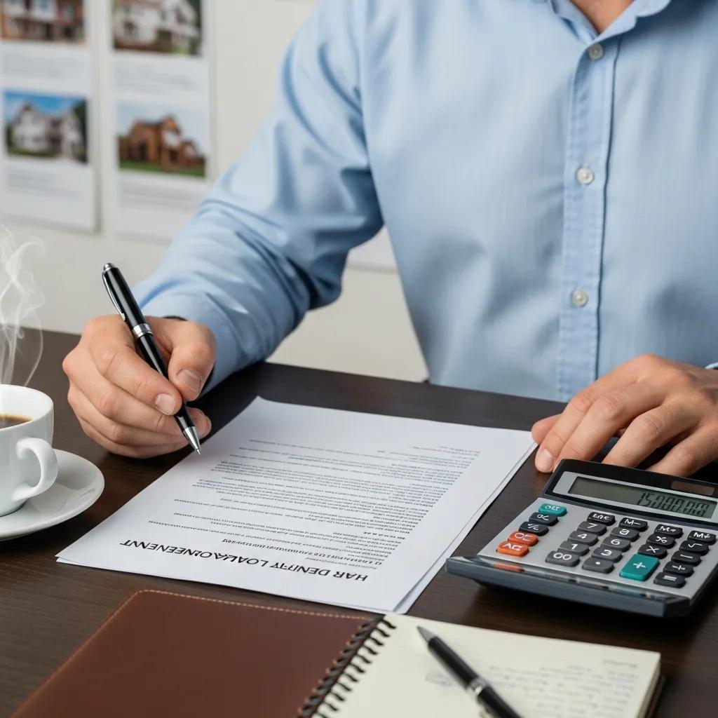 Investor reviewing hard money loan documents and calculations