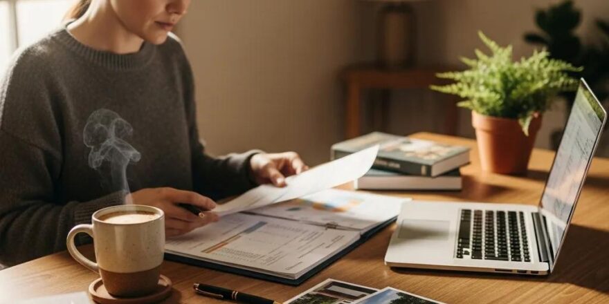 Real estate investor reviewing investment property insurance documents in a cozy home office