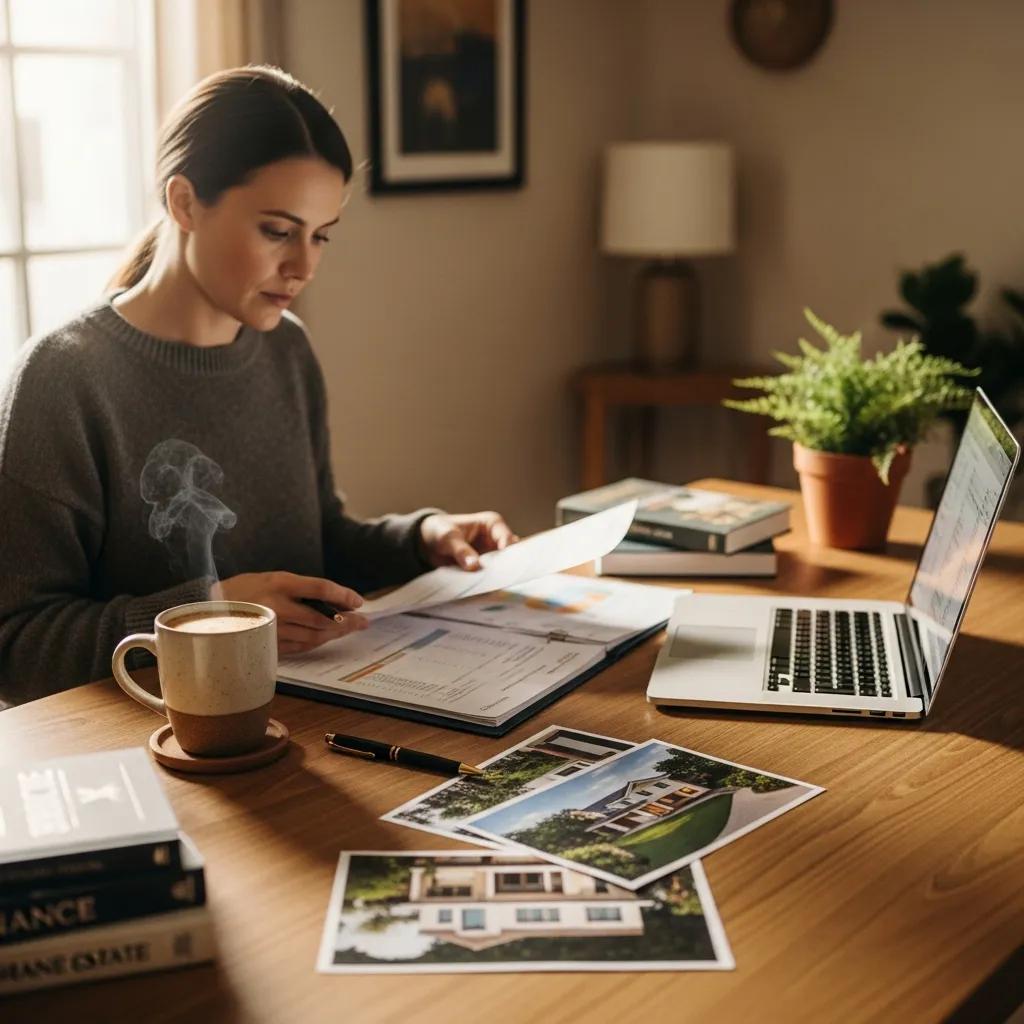 Real estate investor reviewing investment property insurance documents in a cozy home office