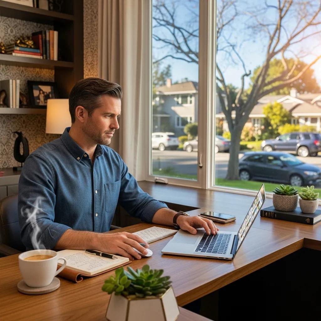 Investor reviewing property listings in a home office — planning real estate strategies