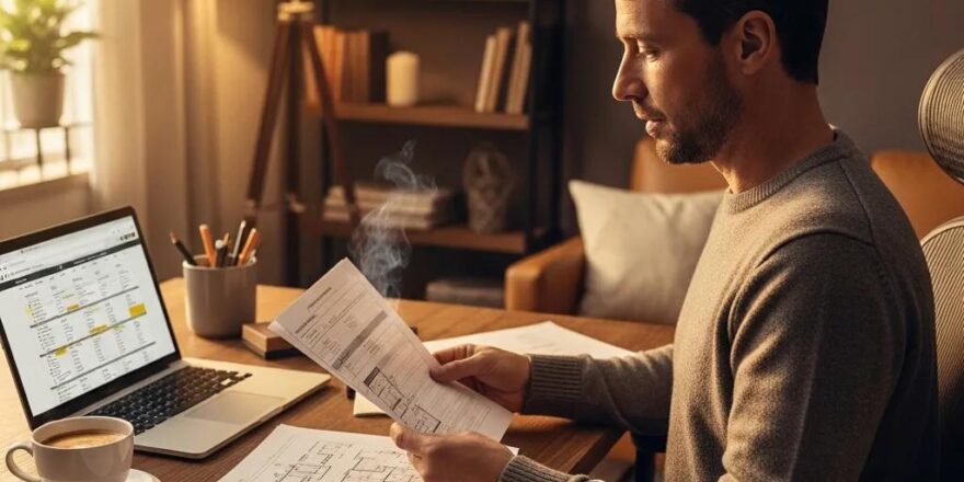Real estate investor reviewing property appraisal documents in a cozy home office