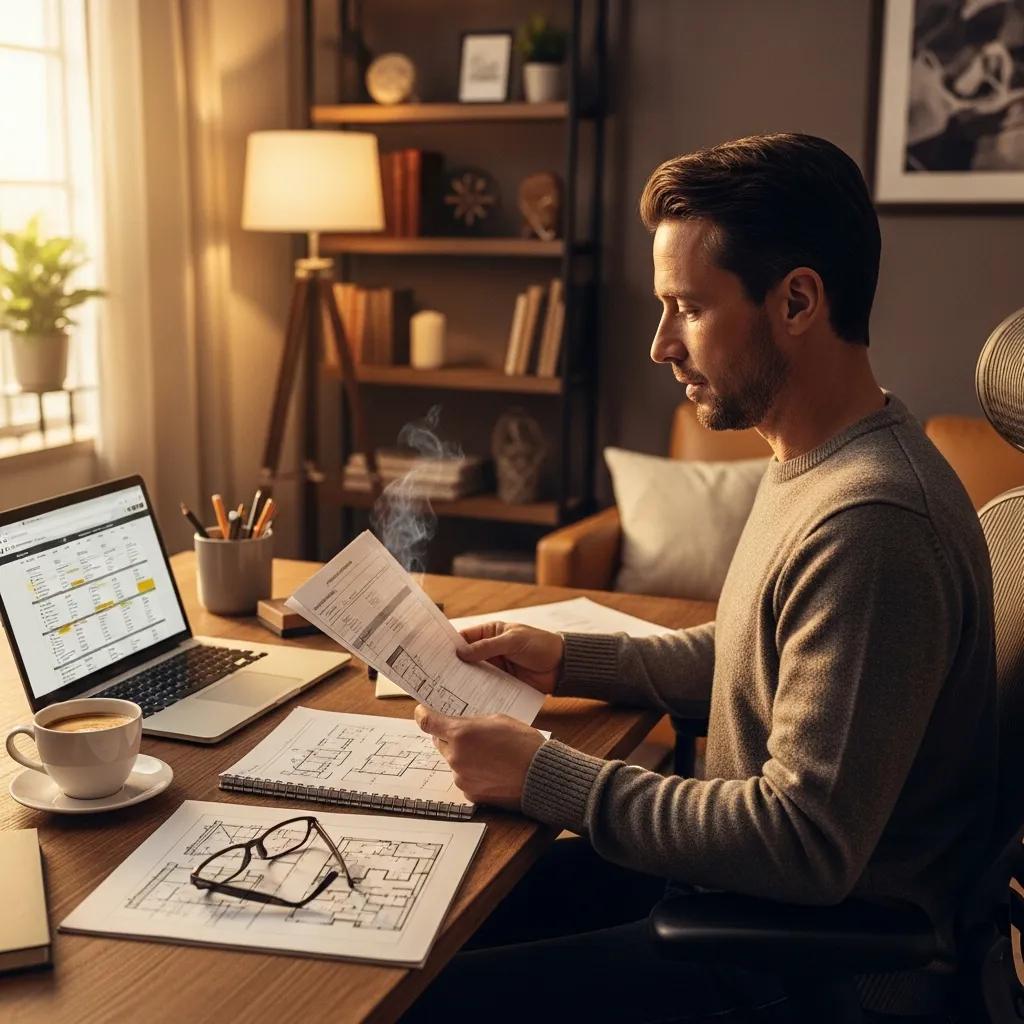 Real estate investor reviewing property appraisal documents in a cozy home office