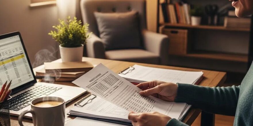 Real estate investor reviewing property disclosures in a cozy home office