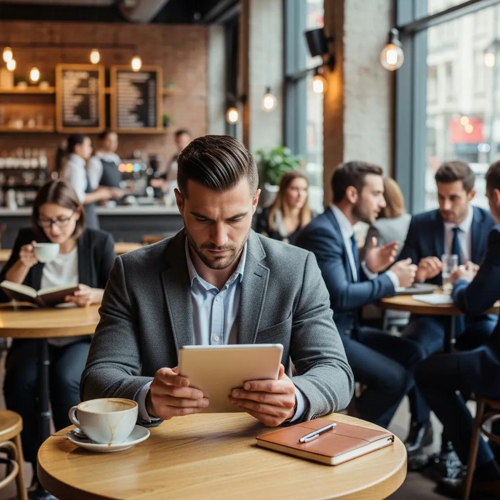 Investor reviewing property listings and financing options in a café