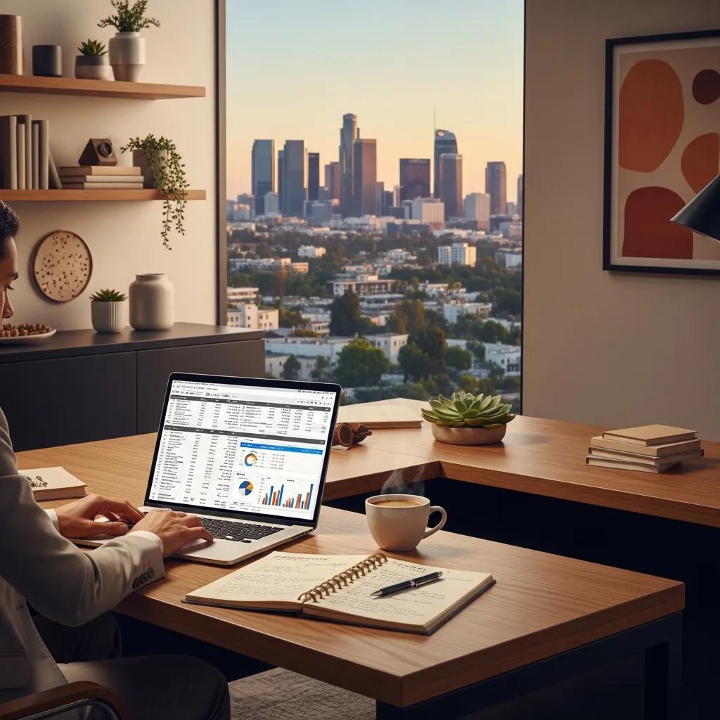 Investor reviewing LA property listings in a modern home office