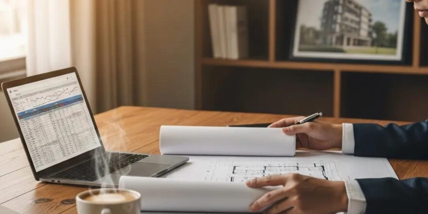 Real estate investor reviewing property plans in a cozy office, emphasizing hard money loans for land development