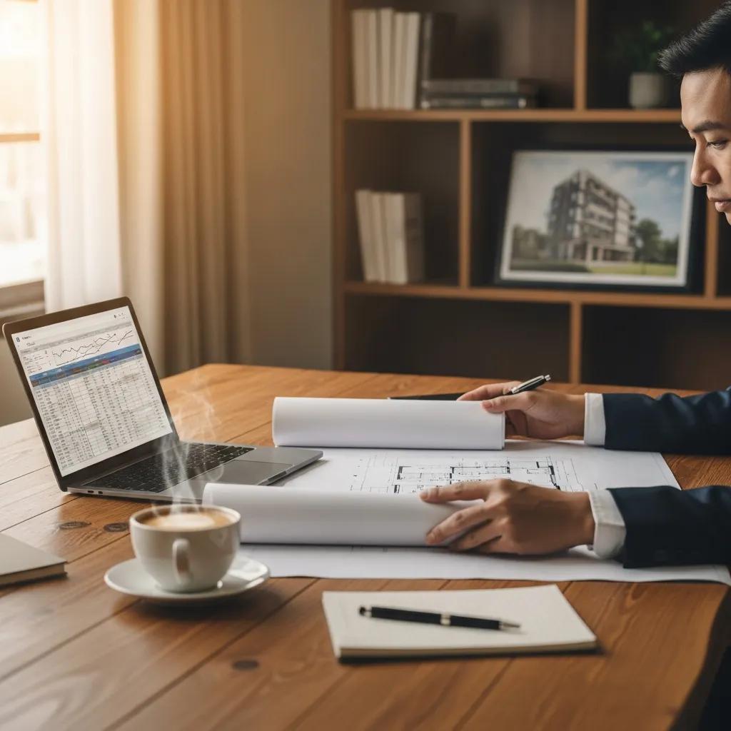 Real estate investor reviewing property plans in a cozy office, emphasizing hard money loans for land development