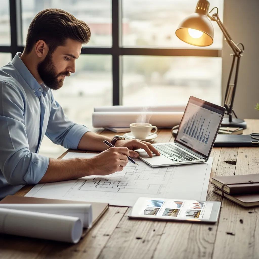 Investor reviewing renovation plans alongside loan documents in a modern office