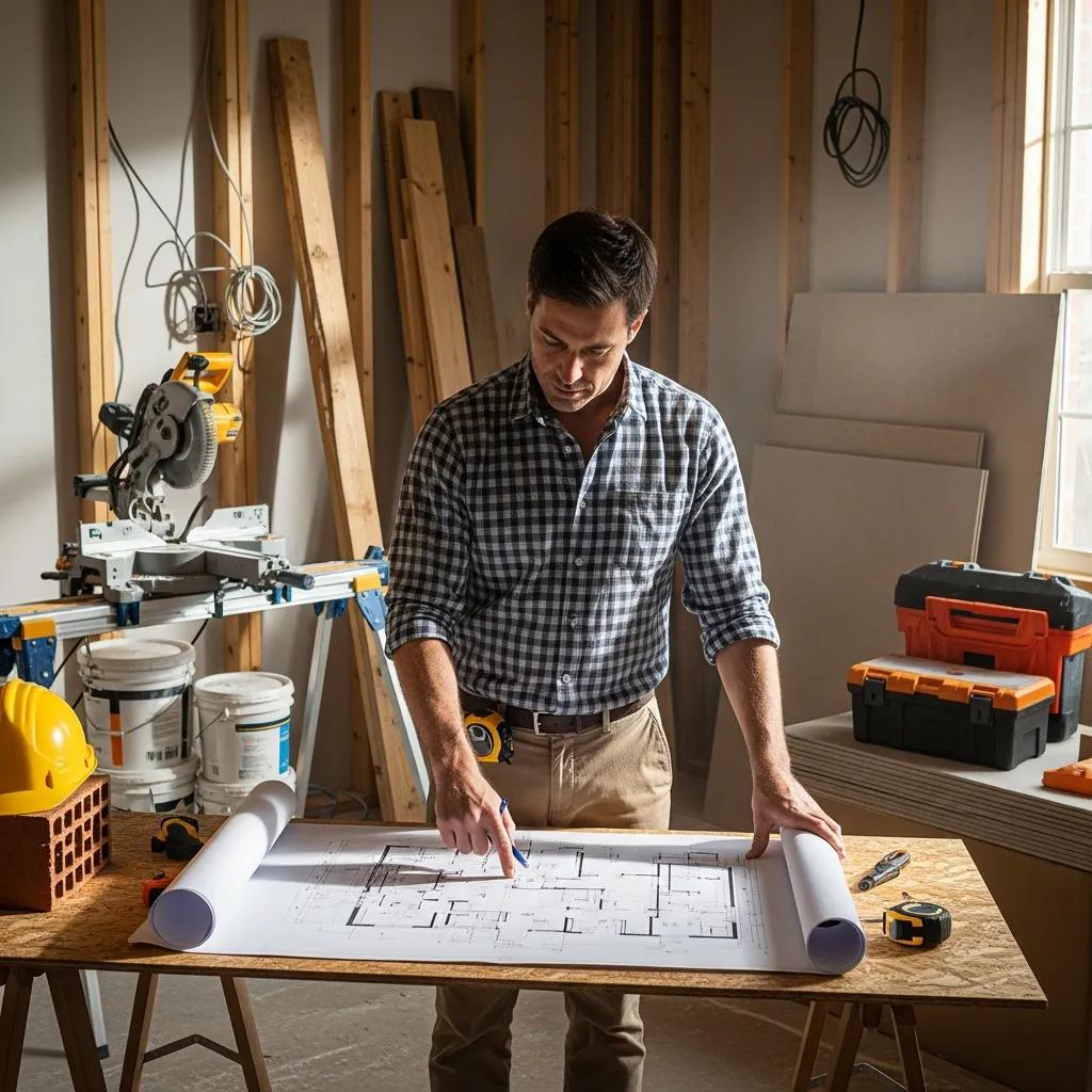 Real estate investor reviewing renovation plans for a fix and flip project