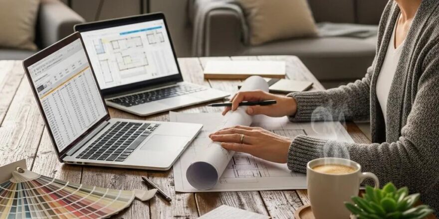 Real estate investor reviewing renovation plans in a cozy workspace