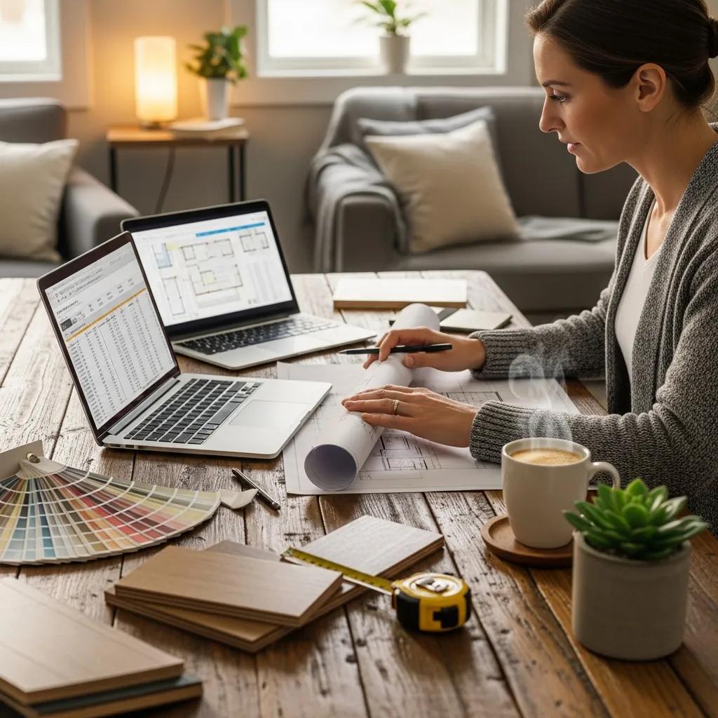 Real estate investor reviewing renovation plans in a cozy workspace