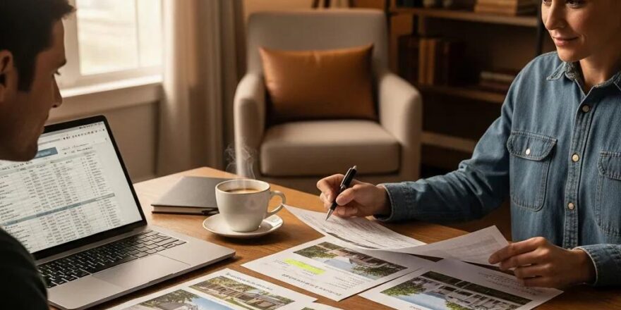 Real estate investor reviewing trust deed documents in a cozy home office