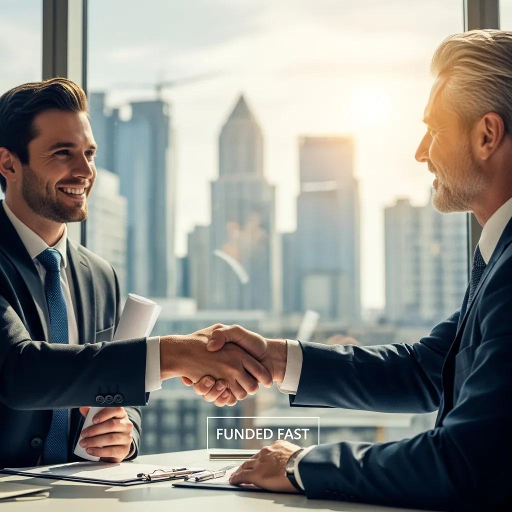 Investor and hard money lender shaking hands in an office during a bailout closing