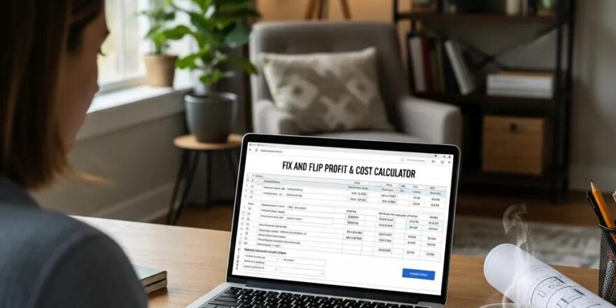 Real estate investor using a calculator in a cozy home office setting