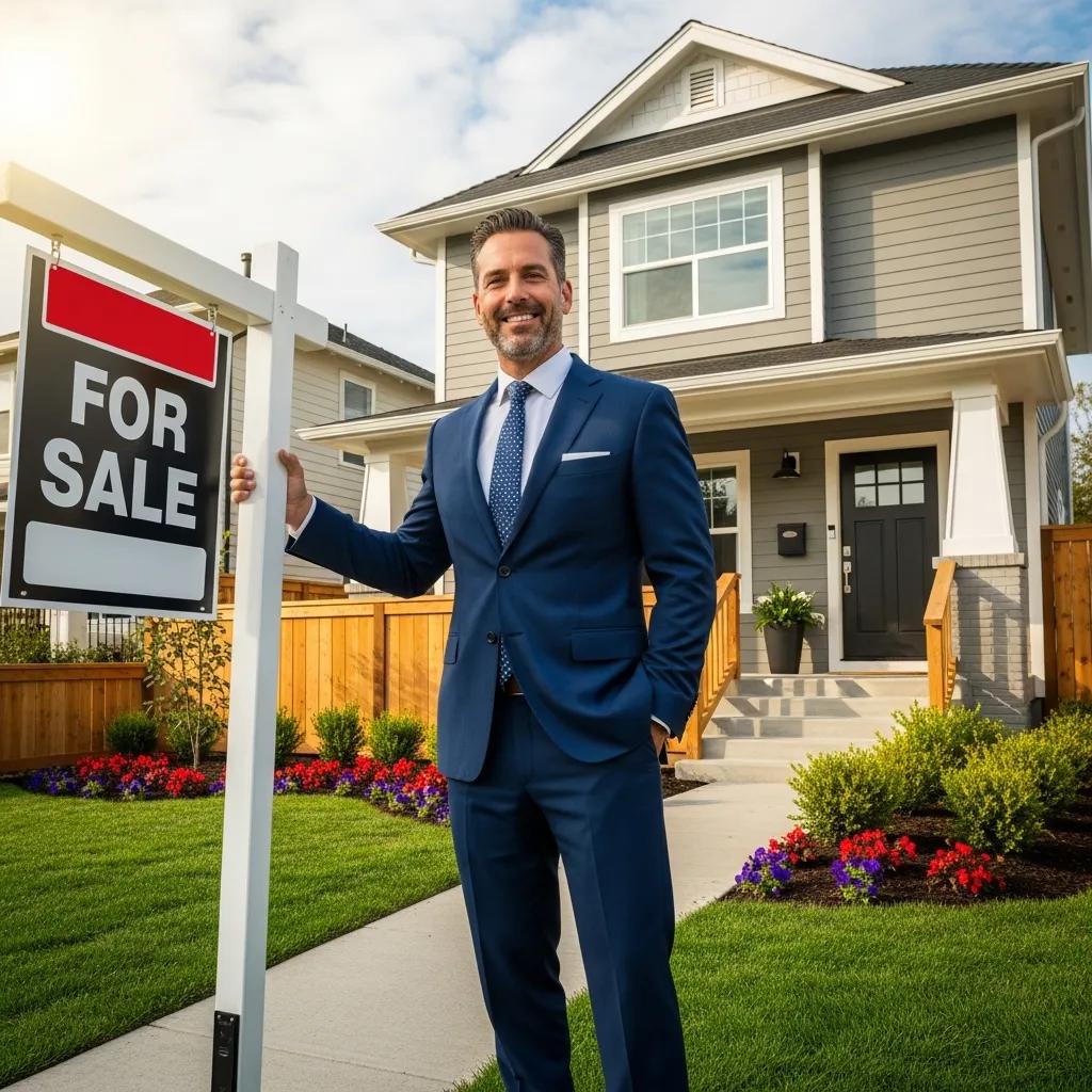 Investor standing by a renovated property with a 'For Sale' sign, illustrating the importance of an exit strategy