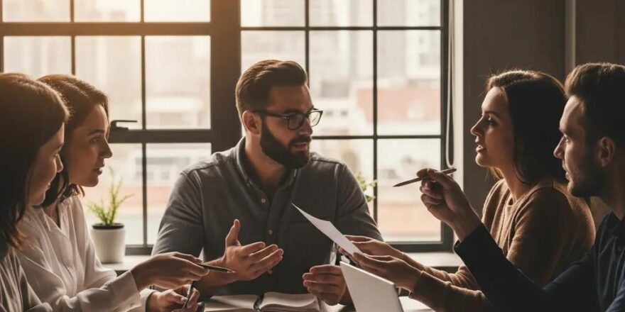 Real estate investors collaborating in a modern office, discussing strategies amid a city skyline