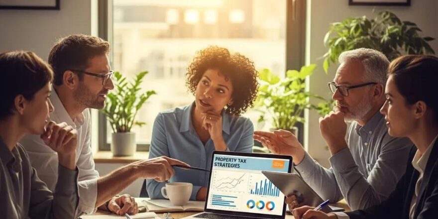 Real estate investors collaborating on California property tax strategies in a modern office