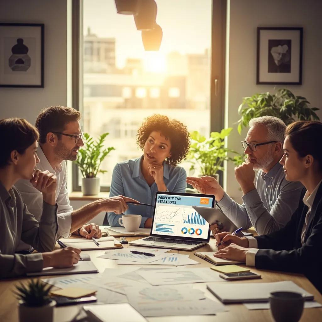 Real estate investors collaborating on California property tax strategies in a modern office