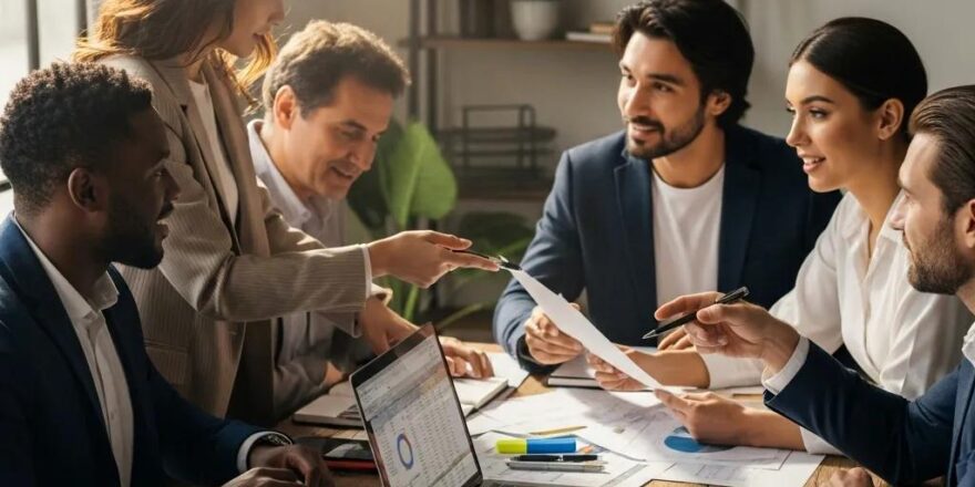 Real estate investors collaborating on hard money loan applications in a cozy office setting