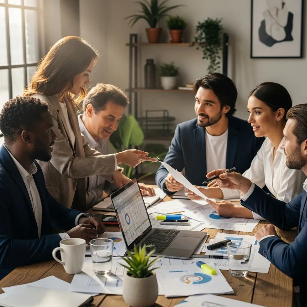 Real estate investors collaborating on hard money loan applications in a cozy office setting