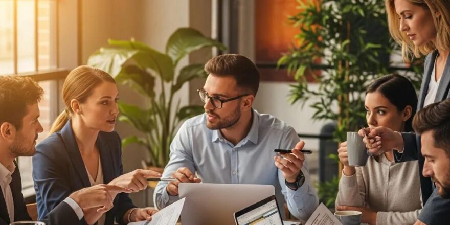 Real estate investors collaborating on hard money loan applications in a cozy setting