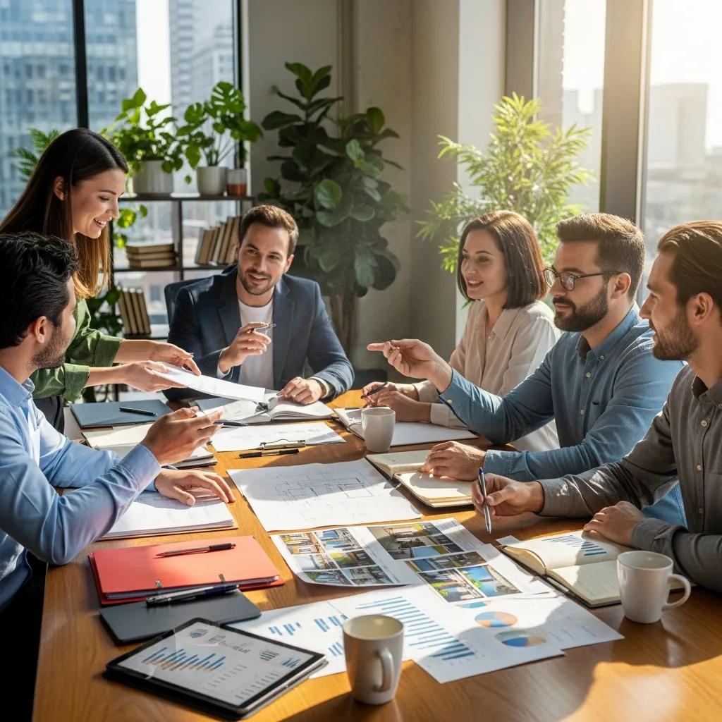 Real estate investors collaborating on hard money loan strategies in a cozy office setting