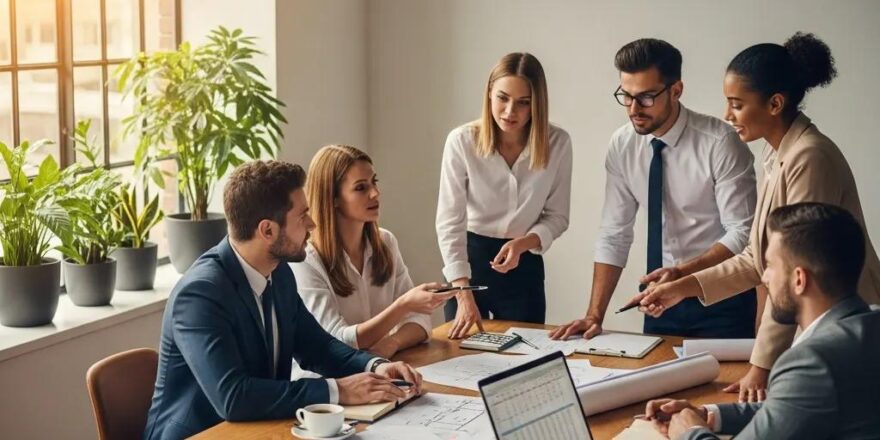 Real estate investors collaborating on hard money loan strategies in a cozy office setting