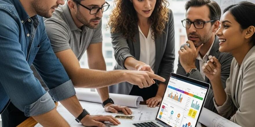 Real estate investors collaborating on project management software in a modern office setting