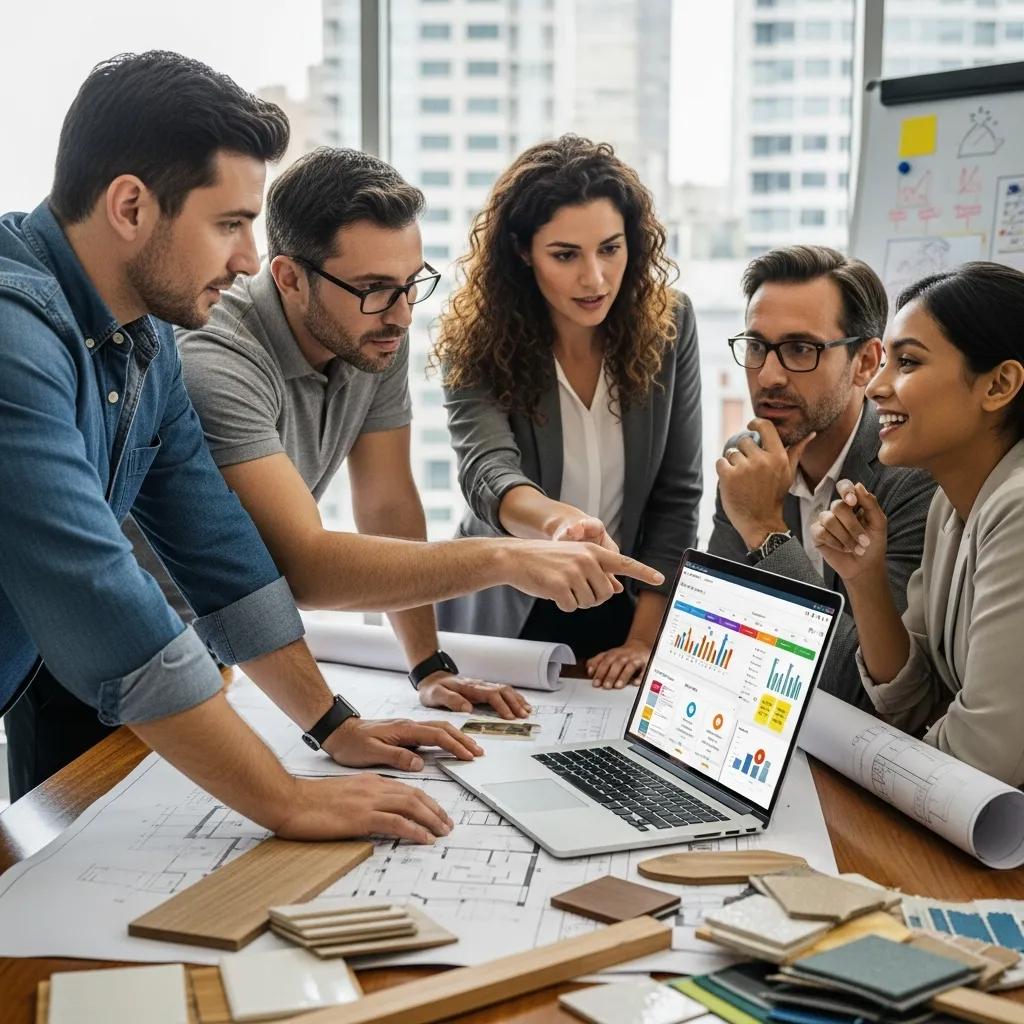 Real estate investors collaborating on project management software in a modern office setting